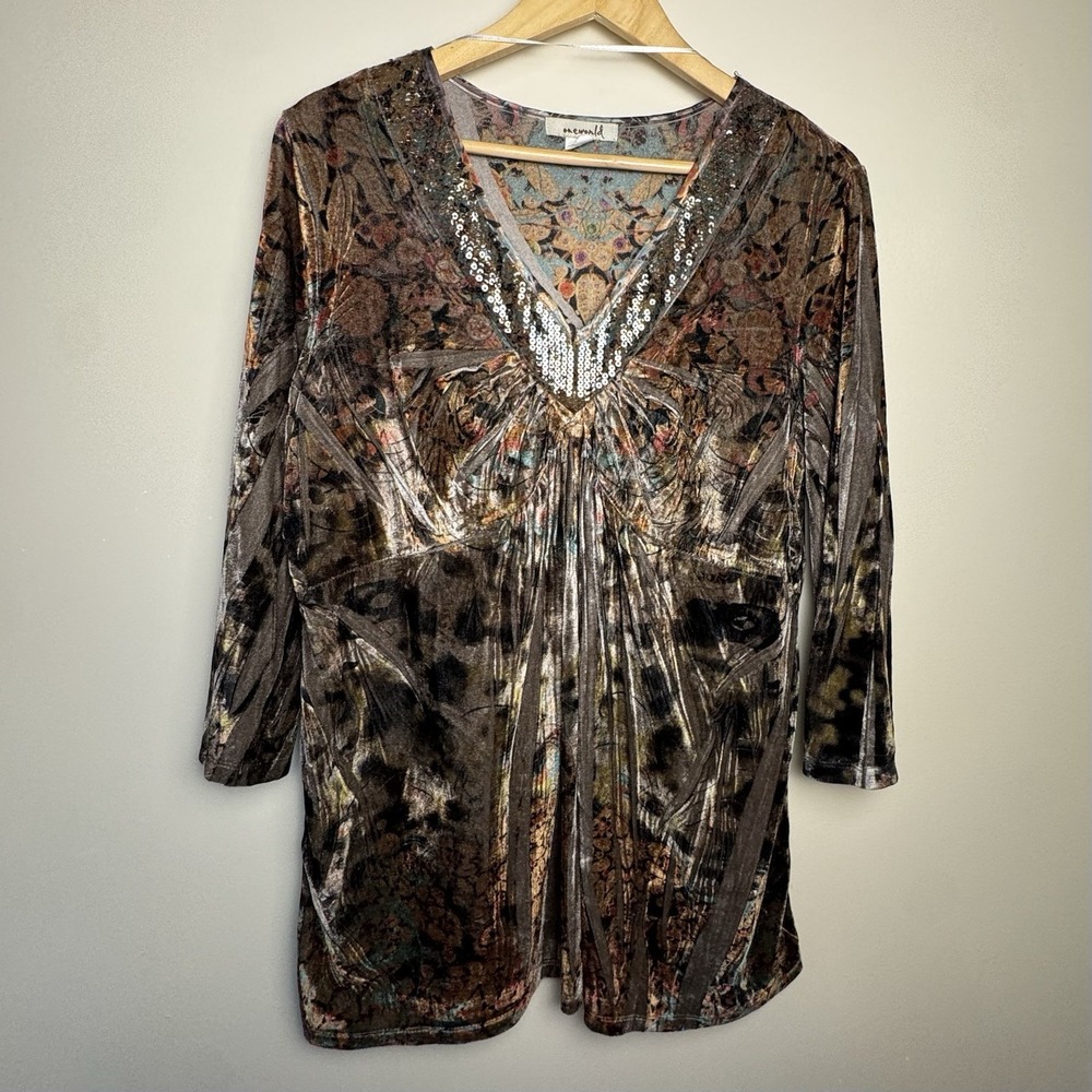 One World Women's 2X Velvet Sequin Trimmed Empire Waist Boho Tunic Blouse Whimsi
